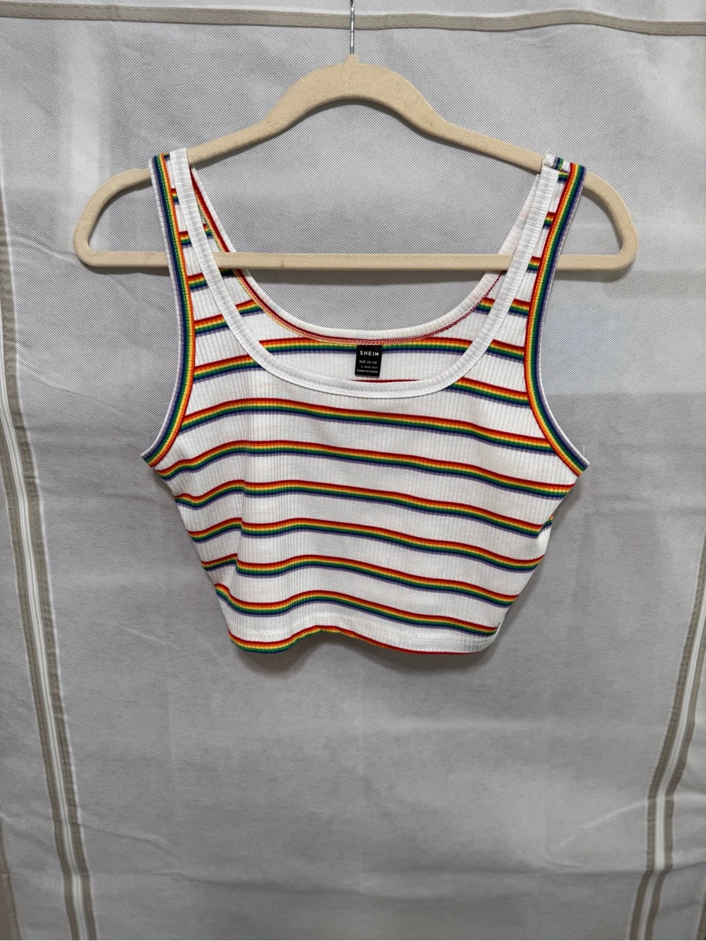 SHEIN White Ribbed Crop Tank with Rainbow Stripes